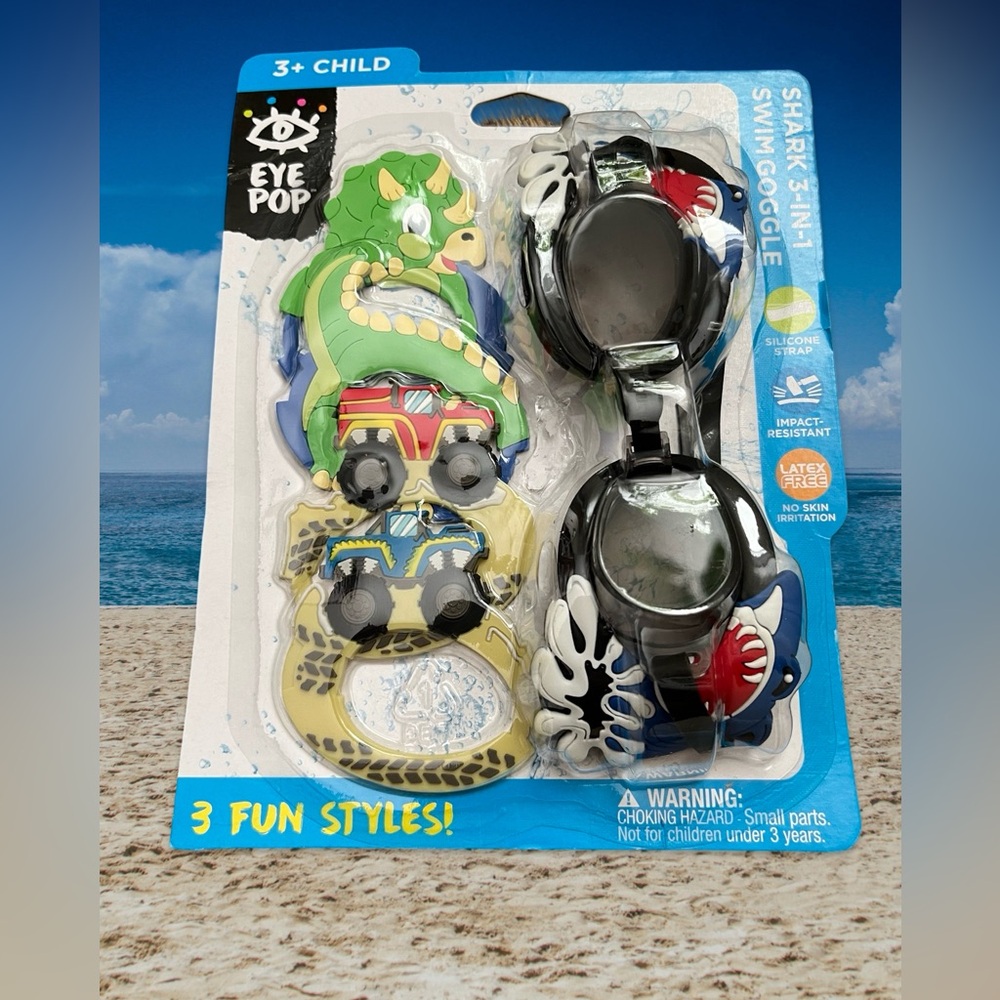 Eye Pop Swim Goggle Set 3 Styles Latex Free Child Size Adjustable 3+
